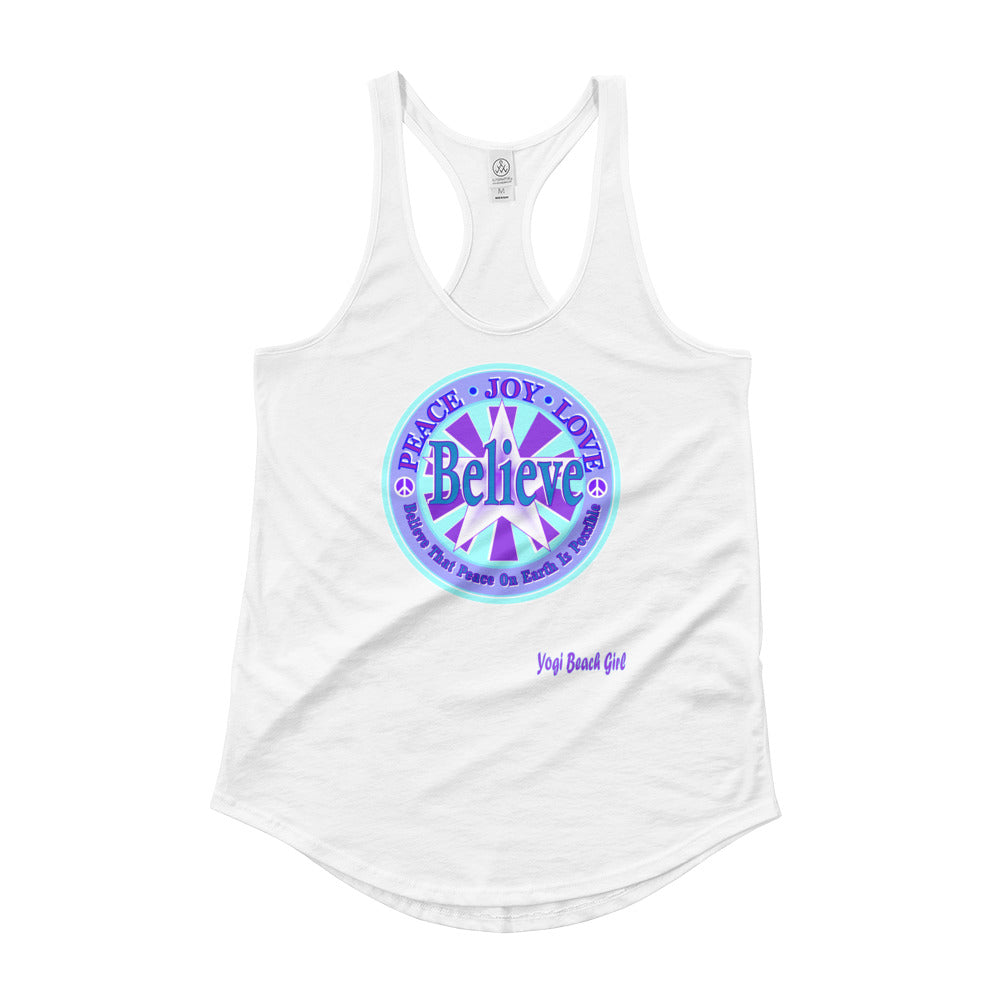 "Believe That Peace on Earth Is Possible" Ladies' Racerback Shirttail Tank